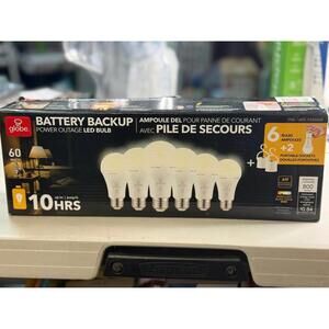 Globe Battery Backup Power Outage LED Bulbs - 6 Pack + 2 Sockets